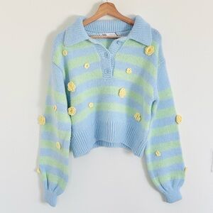 NWT Zara Floral Embroidered Knit Polo Sweater in Blue and Green Stripe